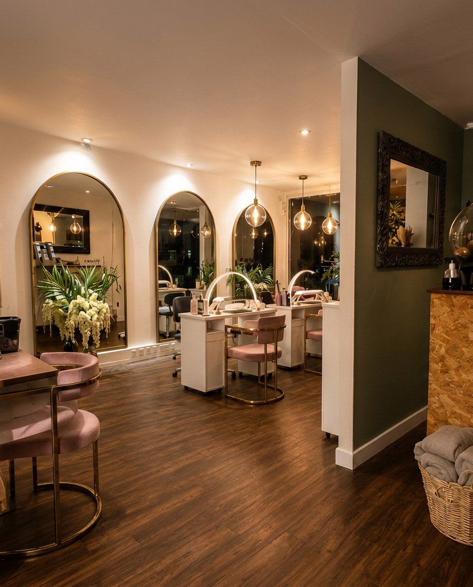 Prestige Beauty Beautique salon interior with signature arched mirrors and blush velvet chairs