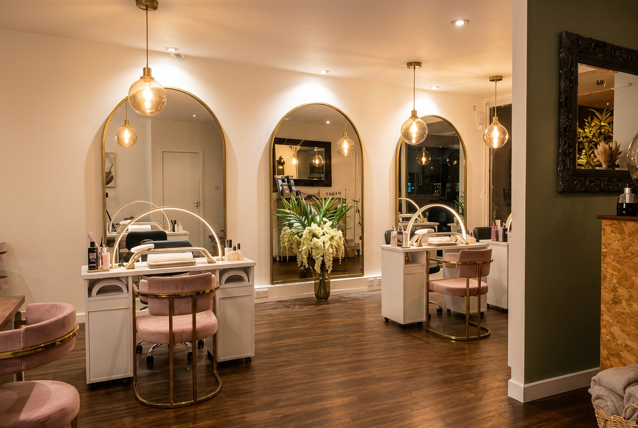 Signature arched mirrors and warm interior lighting